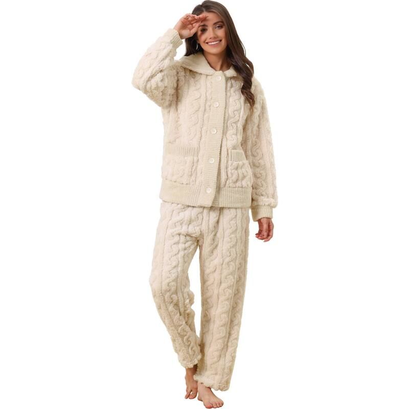 cheibear レディース アンダーウェア ナイトウェア ボタンダウン フリース cheibear Womens Fluffy Fleece Pajama Set Soft Warm Pockets