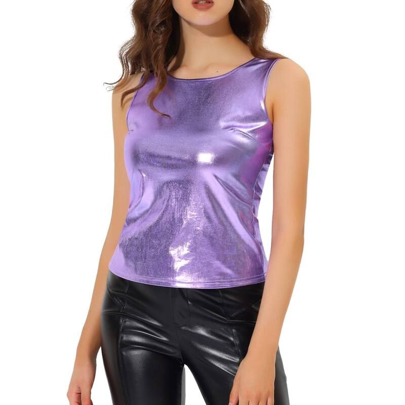 アレグラ ケー レディース トップス Tシャツ スリムフィットール ALLEGRA K Womens U Neck Stretchy Slim Fit Metallic Tank Tops Purpl