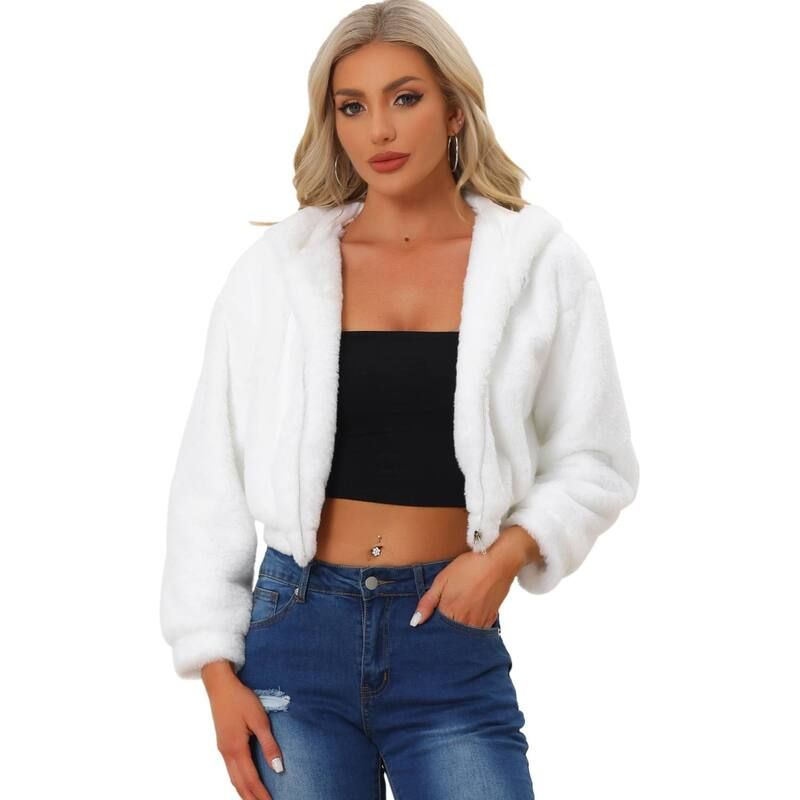 アレグラ ケー レディース アウター ジャケット・ブルゾン コート クロップド フリース ALLEGRA K Womens Casual Faux Fur Coat Zip Up Hooded Cro