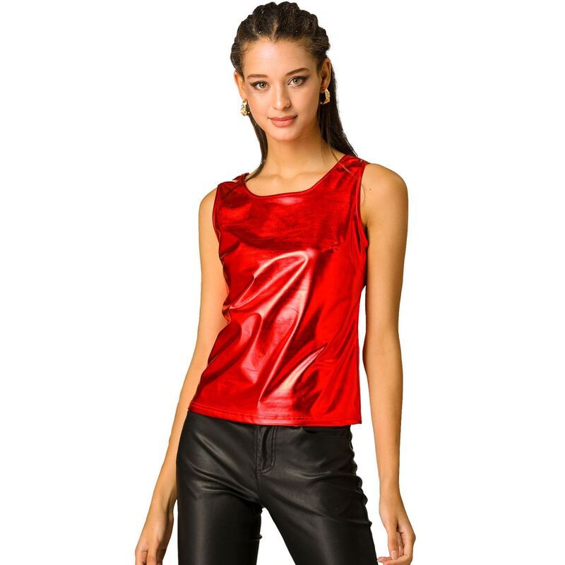 アレグラ ケー レディース トップス Tシャツ スリムフィットール ALLEGRA K Womens U Neck Stretchy Slim Fit Metallic Tank Tops Red レ