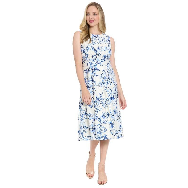 ロンドンタイムス レディース トップス ワンピース プチ ミディ Petite London Times Inset Waist Midi Eyelet Dress Ivory Blue アイボリー