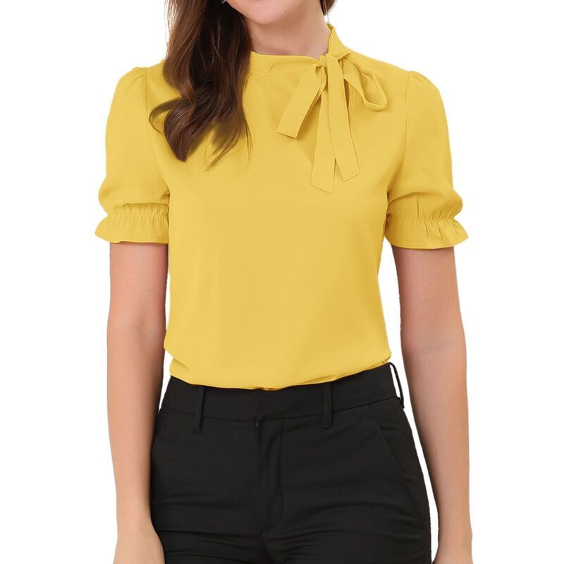 アレグラ ケー レディース トップス シャツ ブラウス ALLEGRA K Womens Bow Tie Neck Elegant Office Short Sleeve Blouse Yellow