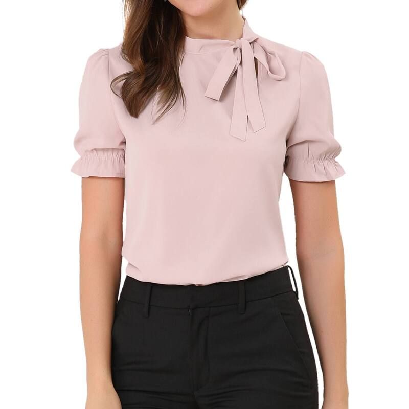 アレグラ ケー レディース トップス シャツ ブラウス ALLEGRA K Womens Bow Tie Neck Elegant Office Short Sleeve Blouse Pink ピン