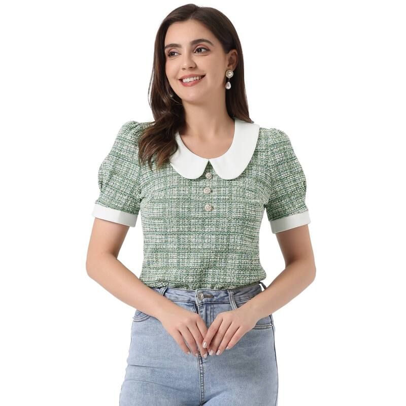 アレグラ ケー レディース トップス シャツイード ブラウス ALLEGRA K Tweed Top For Womens Button Decor Peter Pan Collar Blouse G