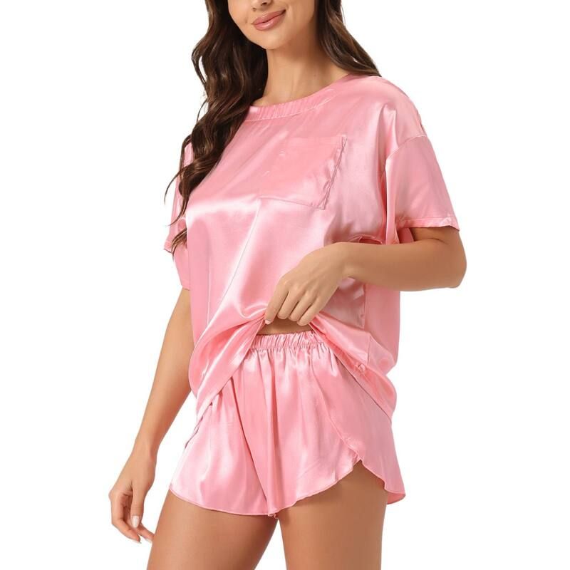 cheibear レディース アンダーウェア ナイトウェア Tシャツ ショートパンツ サテン cheibear Womensatin Pajama Set Spring Summer Short Sl