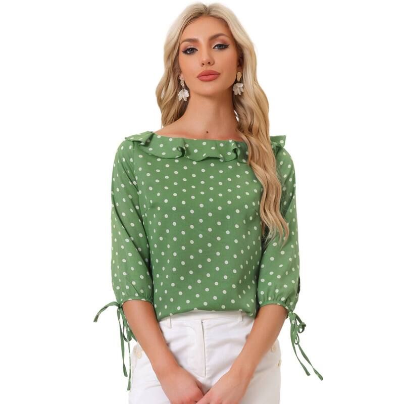 アレグラ ケー レディース トップス シャツ ヴィンテージ ドット フリル ブラウス ALLEGRA K Womens Vintage 34 Sleeve Tops Boat Neck Ruffled