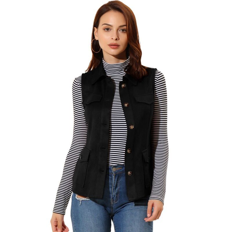 アレグラ ケー レディース アウター ジャケット・ブルゾン ベスト スエード ノースリーブ ALLEGRA K Womens Rustic Sleeveless Jacket Button Up Fa