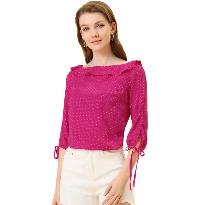 アレグラ ケー レディース トップス シャツ ヴィンテージ ドット フリル ブラウス ALLEGRA K Womens Vintage 34 Sleeve Tops Boat Neck Ruffled