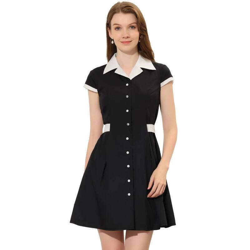 アレグラ ケー レディース トップス ワンピース A ライン シャツ コントラスト ALLEGRA K Womens Work Contrast Collar Button Front Belted