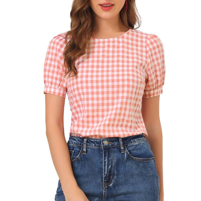 アレグラ ケー レディース トップス シャツ ヴィンテージ クルーネック ギンガムチェック ブラウス ギンガム ALLEGRA K Vintage Blouse For Womens Plaid Cr