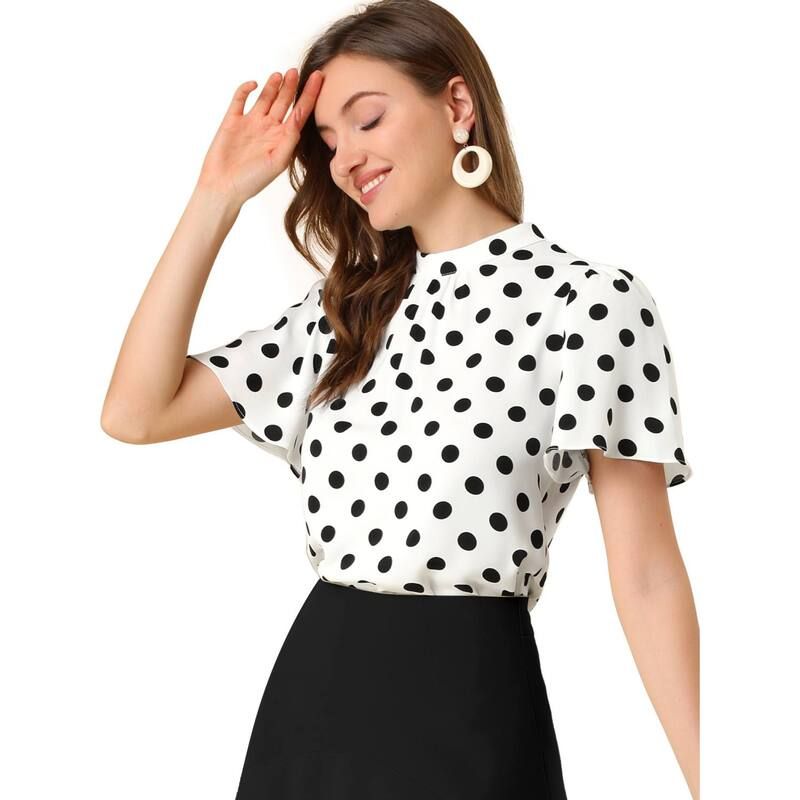 アレグラ ケー レディース トップス シャツ ドット ブラウス ALLEGRA K Womens Polka Dots Blouse Stand Collar Pleat Keyhole Back S