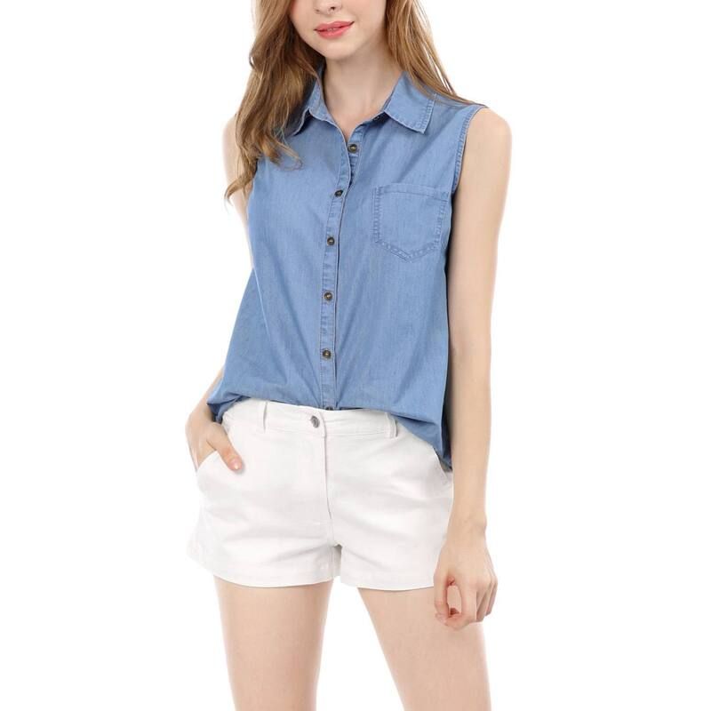 アレグラ ケー レディース トップス シャツ ノースリーブ ALLEGRA K Womens Point Collar Single Breasted Sleevelesshirt Blue ブルー