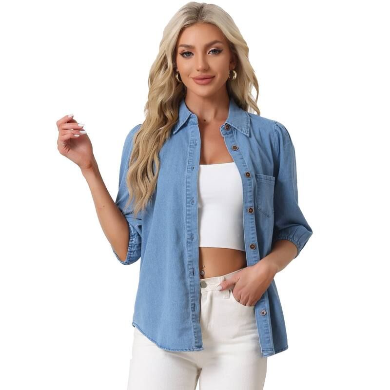 アレグラ ケー レディース トップス シャツ ボタンダウン デニム ALLEGRA K Denim Shirt for Womens 34 Puffy Sleeve Collar Button Dow