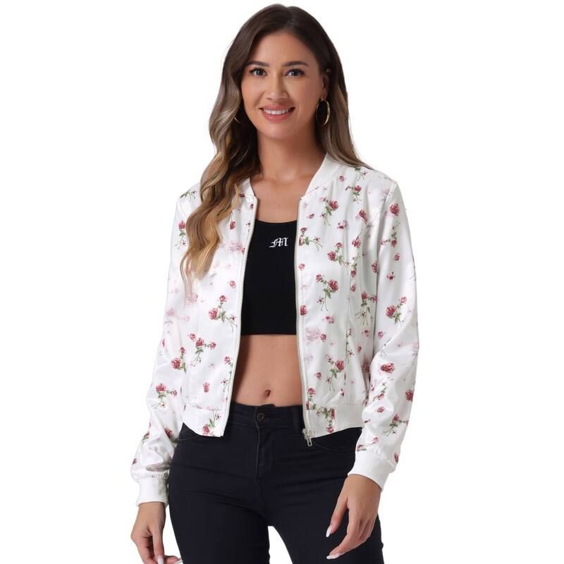 アレグラ ケー レディース アウター ジャケット・ブルゾン フラワー柄 プリント フラワー ALLEGRA K Womenstand Collar Zip up Floral Prints Crop