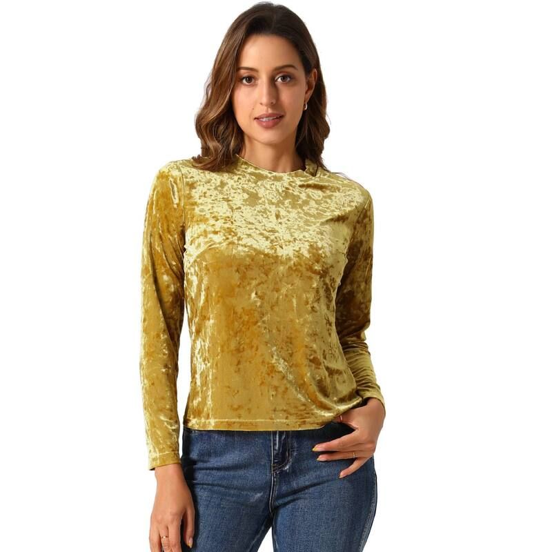 アレグラ ケー レディース トップス シャツ ベルベット ALLEGRA K Womens Velvetops Round Neck Long Sleeve Casual TShirt Yellow