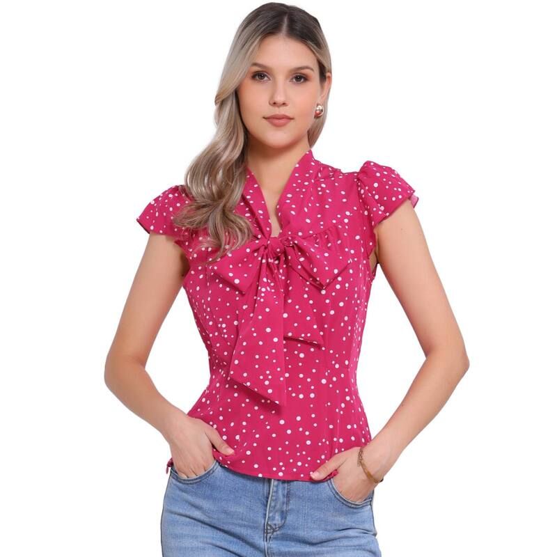 アレグラ ケー レディース トップス シャツ Vネック ドット フリル キャップ ブラウス ALLEGRA K Womensummer Polka Dots Top Bow Tie V Neck Ru
