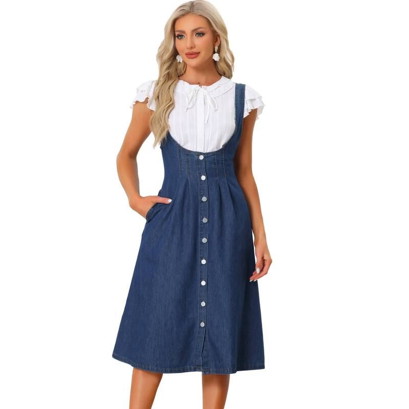 アレグラ ケー レディース トップス ワンピース ミディ オーバーオール デニム ALLEGRA K Suspender Dress for Womens Button Front Classic U