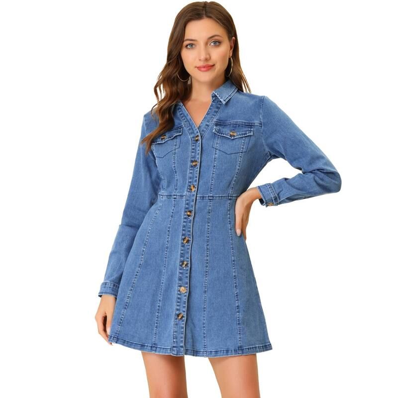 アレグラ ケー レディース トップス ワンピース Vネック シャツ デニム ALLEGRA K Womens Denim VNeck Roll Up Sleeve Shirt Dress Light