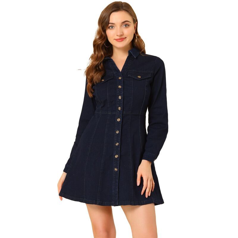 アレグラ ケー レディース トップス ワンピース Vネック シャツ デニム ALLEGRA K Womens Denim VNeck Roll Up Sleeve Shirt Dress Denim