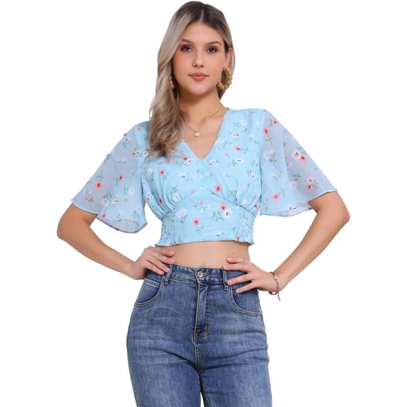 アレグラ ケー レディース トップス シャツ Vネック フラワー柄 シャーリング フラワー ALLEGRA K Womens Floral Flare Short Sleeve V Neck Smoc