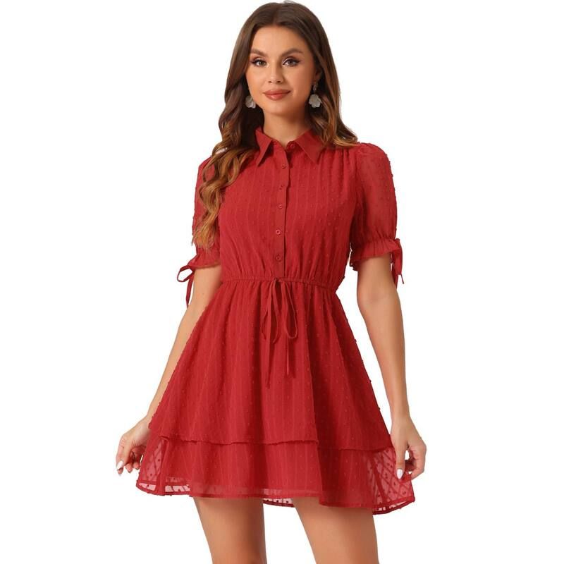 アレグラ ケー レディース トップス ワンピース ALLEGRA K Womens Collar Short Sleeve Drawstring Layeredress Red レッド