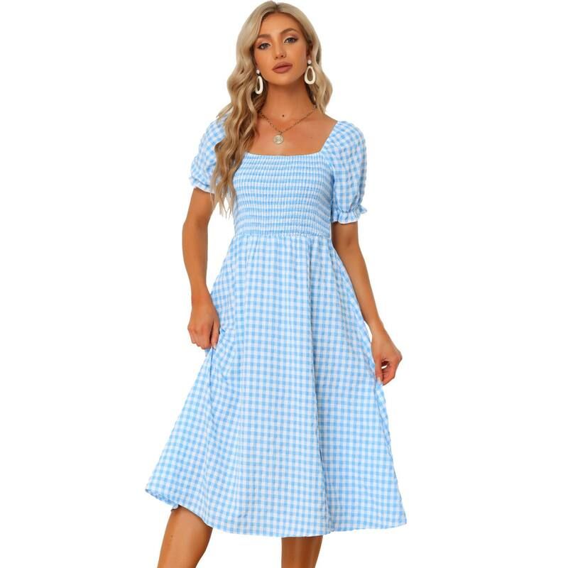 アレグラ ケー レディース トップス ワンピース ギンガムチェック シャーリング ギンガム ALLEGRA K Smockedress For Womenshort Sleeve Square Nec