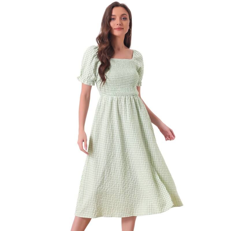 アレグラ ケー レディース トップス ワンピース ギンガムチェック シャーリング ギンガム ALLEGRA K Smockedress For Womenshort Sleeve Square Nec