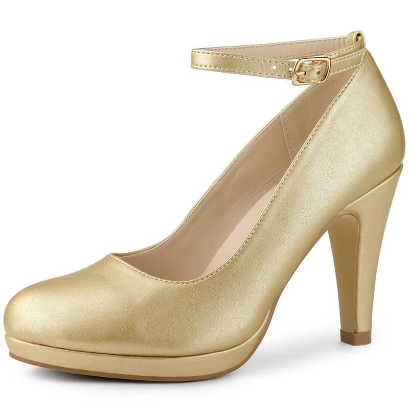 アレグラ ケー レディース シューズ パンプス アンクル ヒール ALLEGRA K Womens Round Toe Stiletto Heels Ankle Strapumps Gold ゴールド