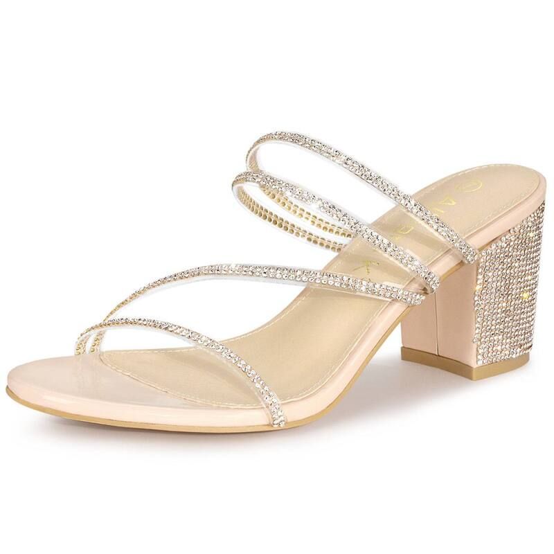 アレグラ ケー レディース シューズ パンプス サンダル ヒール ALLEGRA K Womenstrappy Rhinestone Block Heel Slide Sandals Beige ベー