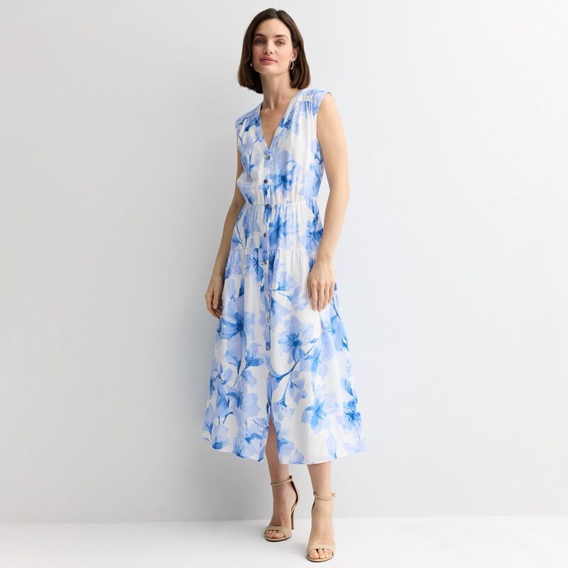 ナインウェスト レディース トップス ワンピース プチ ミディ Petite Nine West Button Front Midi Dress Blue Maddie Floral ブルー