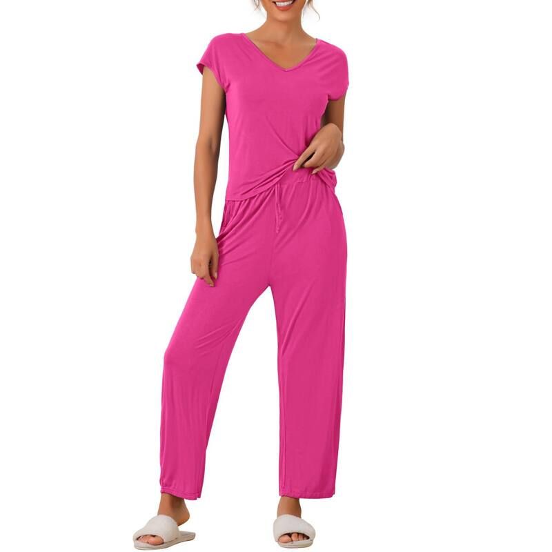 cheibear レディース アンダーウェア ナイトウェア パンツ cheibear Womenshort Sleeve Modal Casual Set Pajama 2 Piece Loungew