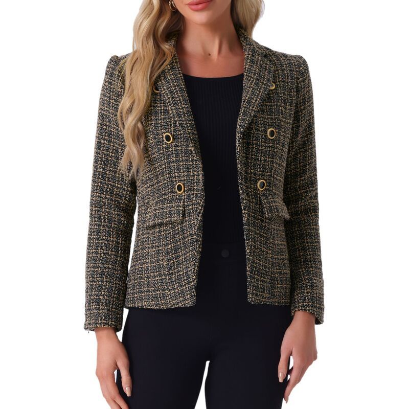 アレグラ ケー レディース アウター ジャケット・ブルゾン ツイード ブレザー ALLEGRA K Womens Notched Lapelong Sleeve Open Front Plaid Tw