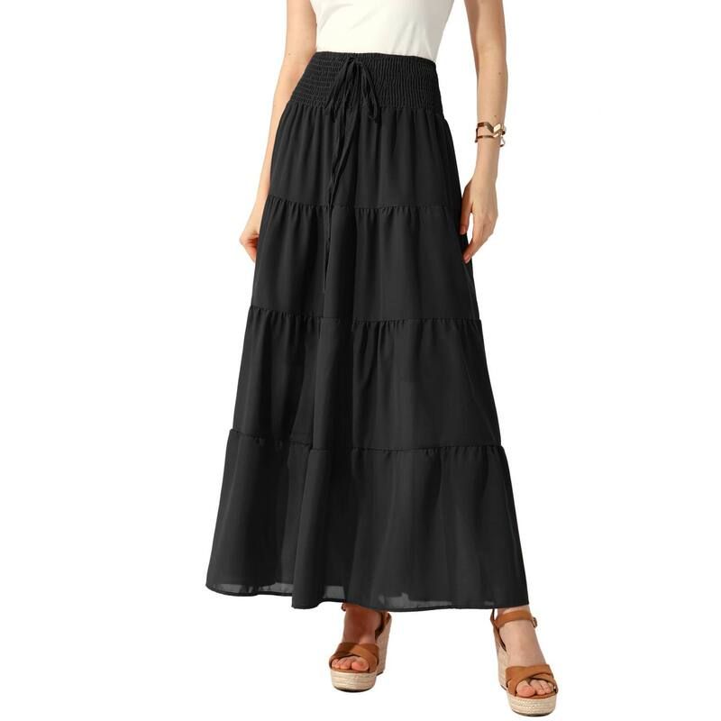 アレグラ ケー レディース ボトムスカート ティアード A ライン シャーリング マキシ ALLEGRA K Womens Boho Skirtsummer Smocked Elastic Waist