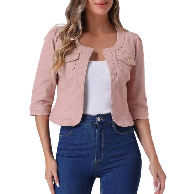 アレグラ ケー レディース アウター ジャケット・ブルゾン デニム ALLEGRA K Womens Jean Jacket Collarless 34 Sleeve Denim Jackets Pi