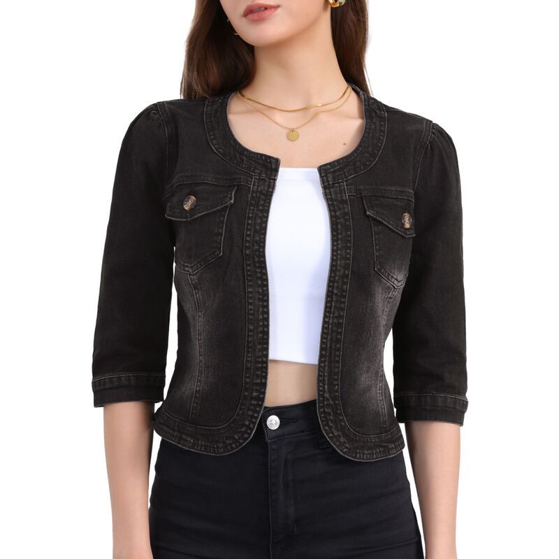 アレグラ ケー レディース アウター ジャケット・ブルゾン デニム ALLEGRA K Womens Jean Jacket Collarless 34 Sleeve Denim Jackets Bl