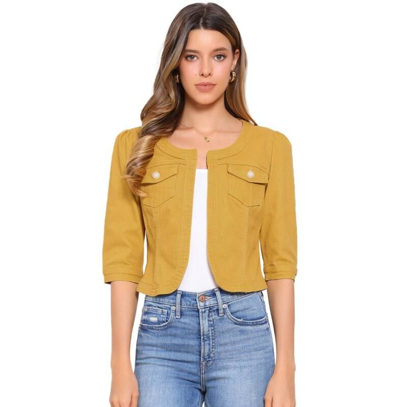 アレグラ ケー レディース アウター ジャケット・ブルゾン デニム ALLEGRA K Womens Jean Jacket Collarless 34 Sleeve Denim Jackets Ye