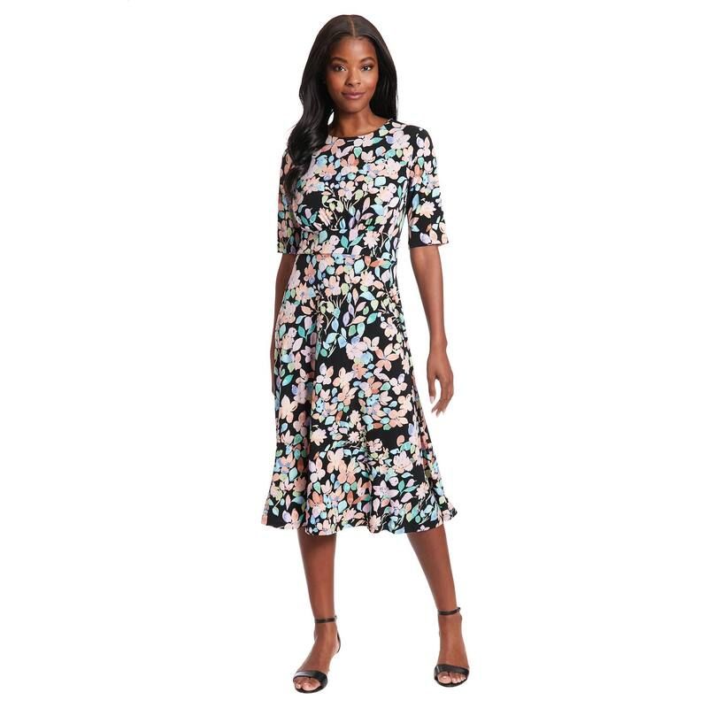 ロンドンタイムス レディース トップス ワンピース A ライン プリント ミディ Womens London Times Printed Midi ALine Dress Black Lilac ブラ