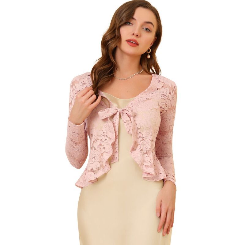アレグラ ケー レディース トップス シャツ フラワー柄 フリル シアー カーディガン レース フラワー ALLEGRA K Womens Tie Front Crop Cardigan Ruffle