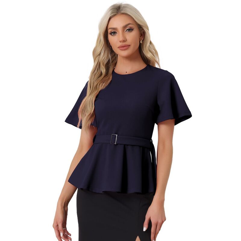 アレグラ ケー レディース トップス シャツ ブラウス ALLEGRA K Peplum Blouse for Womens Round Neck Bell Sleeve Belted Waist O