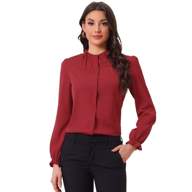 アレグラ ケー レディース トップス シャツ ボタンダウン フリル ダウン ブラウス ALLEGRA K Womens Ruffled Trim Button Down Stand Collar Lo