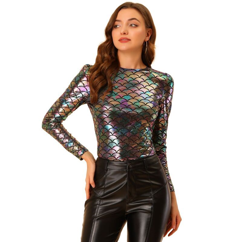 アレグラ ケー レディース トップス シャツ トール ALLEGRA K Womens Long Sleeve Sparkly Party Glitter Shiny Metallic Topshir