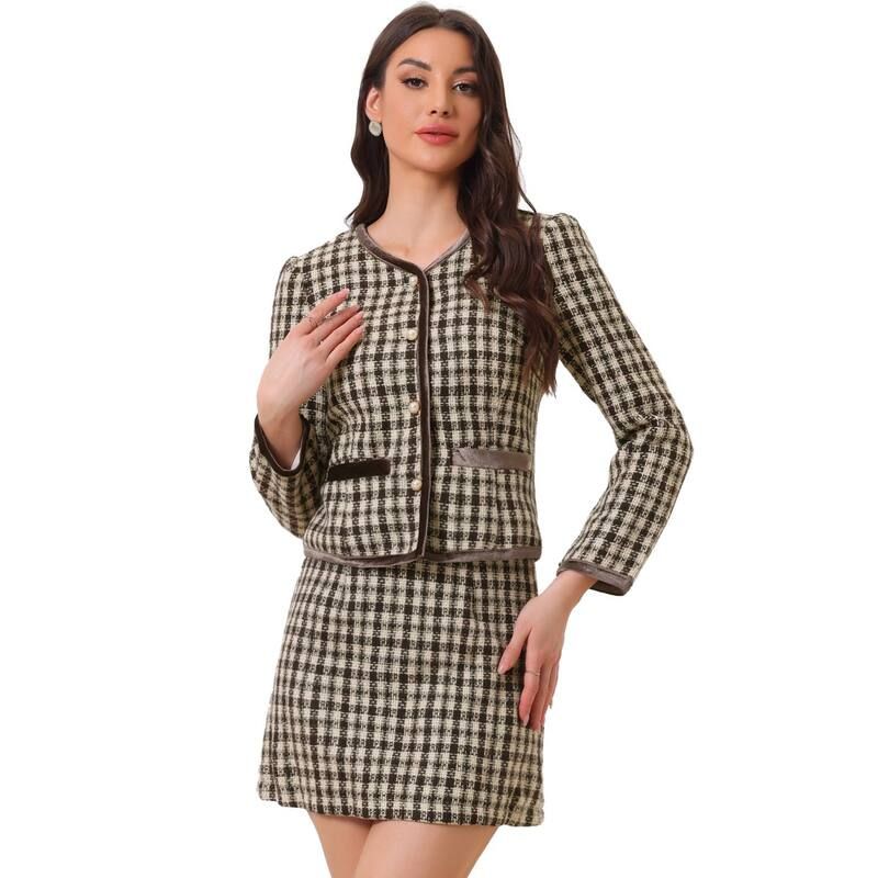アレグラ ケー レディース アウター ジャケット・ブルゾン ツイード スカート ブレザー ALLEGRA K Womens Outfitset Plaid Tweed Short Blazer Jac