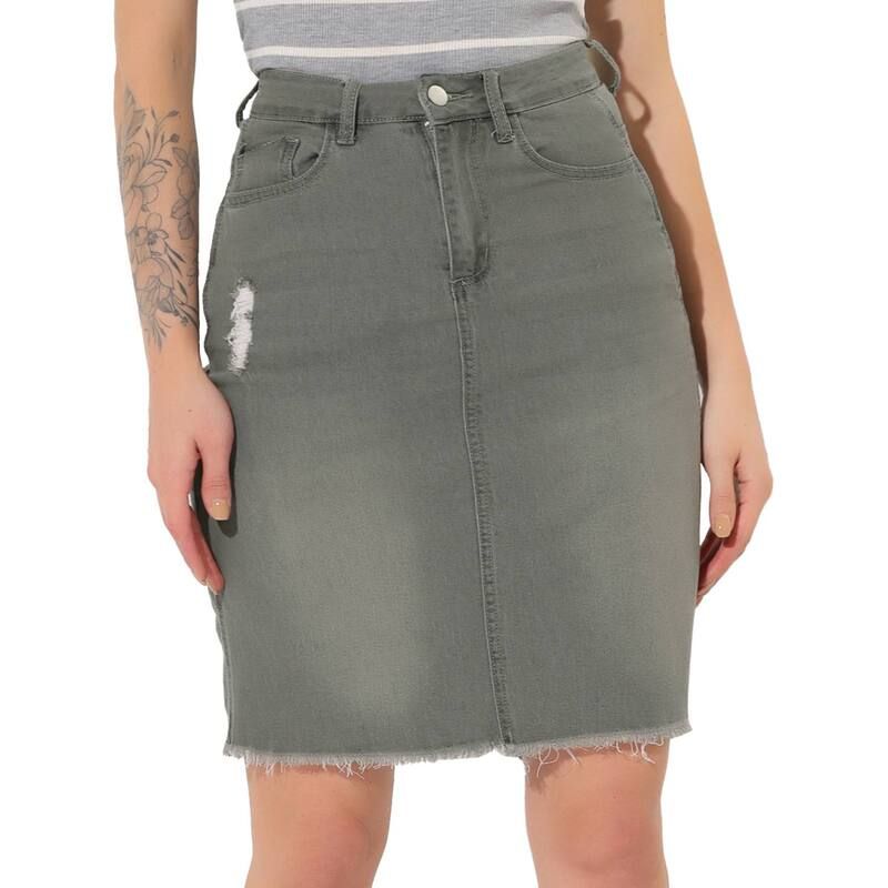 アレグラ ケー レディース ボトムスカート ひざ丈 ハイウエスト デニム ALLEGRA K Womens Distressed High Waist Ripped Hem Knee Length D