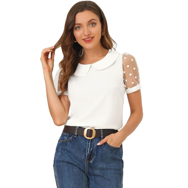 アレグラ ケー レディース トップス シャツ ヴィンテージ ドット メッシュ ブラウス ALLEGRA K Womens Peter Pan Collar Top Short Sleeve Vinta