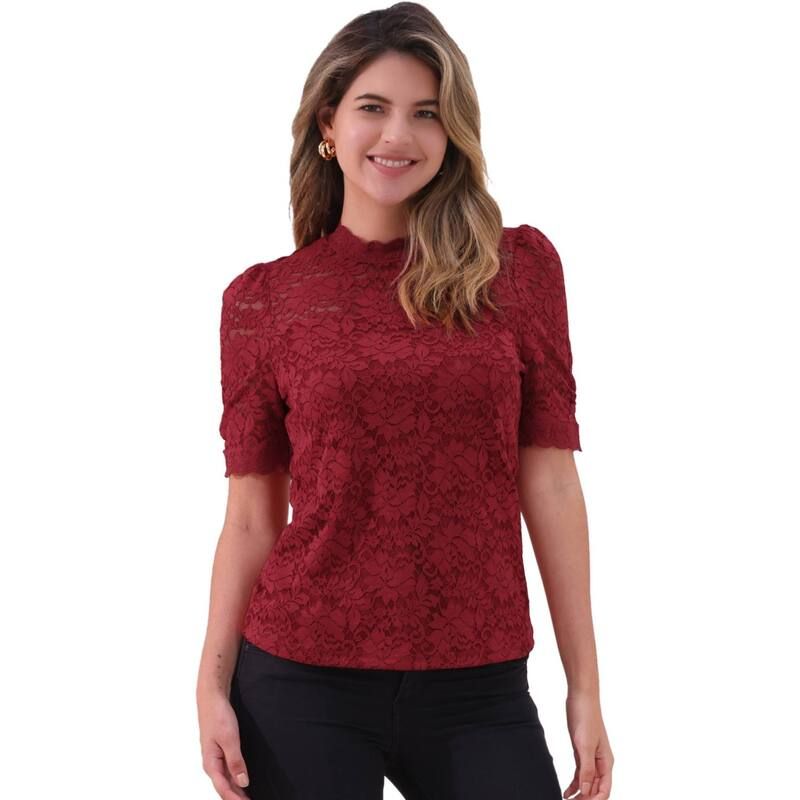 アレグラ ケー レディース トップス シャツ モックネック フラワー柄 ブラウス レース フラワー ALLEGRA K Floralace Top for Womens Mock Neck Puffy