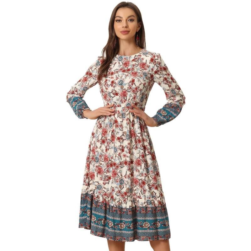 アレグラ ケー レディース トップス ワンピース フラワー柄 マキシ フラワー ALLEGRA K Womens Boho Floralong Sleeves Maxi Dress Apricot ア