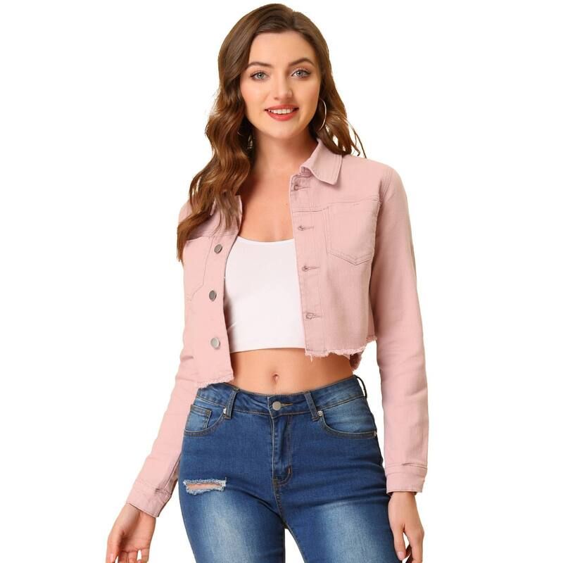アレグラ ケー レディース アウター ジャケット・ブルゾン クロップド デニム ALLEGRA K Womens Long Sleeves Button up Frayed Hem Croppeden
