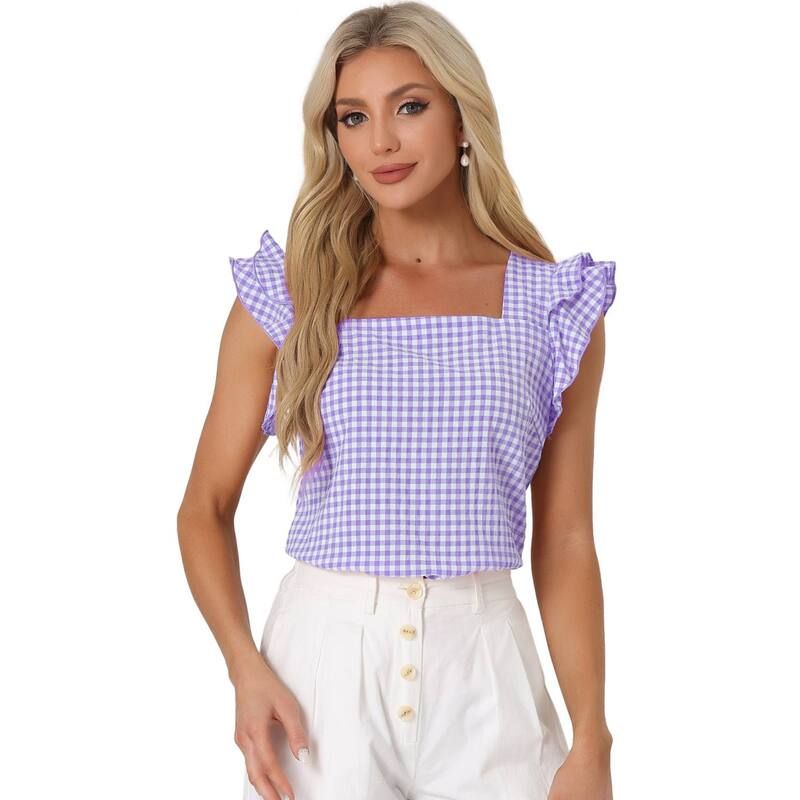 アレグラ ケー レディース トップス シャツ ギンガムチェック フリル ブラウス ギンガム ALLEGRA K Summer Gingham Tops For Womensquare Neck Ruf