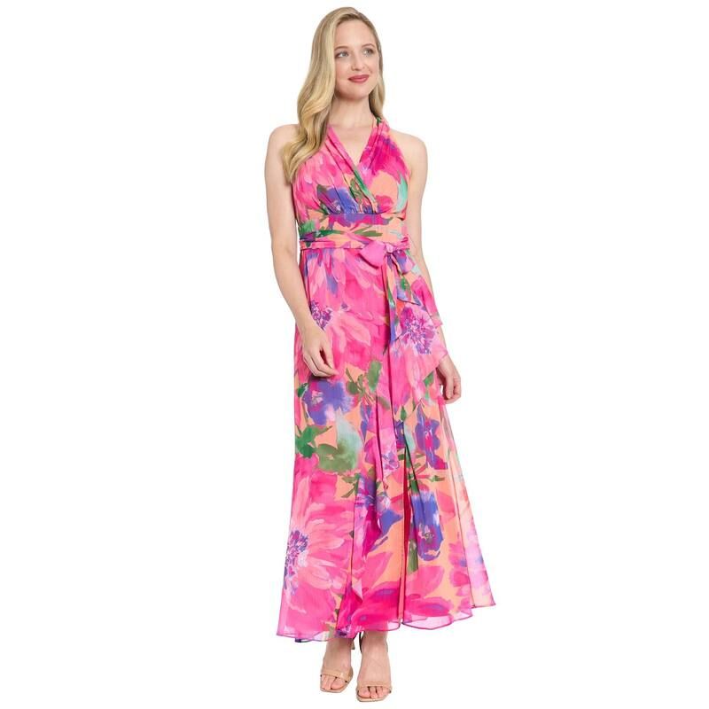 ロンドンタイムス レディース トップス ワンピース プチ マキシ ホルター Petite London Times Halter Maxi Dress with Sash Belt Peach Pin