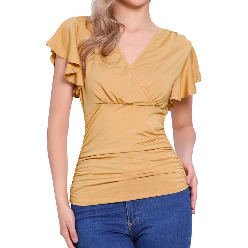 アレグラ ケー レディース トップス シャツ Vネック フリル ブラウス ALLEGRA K Faux Wrap Blouse For Women Summer Vneck Ruffle Sleeve